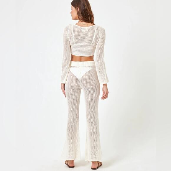 L*Space Women’s Los Cabos High Drawstring Waist Crochet Mesh Knit Flare Pants XS - Picture 5 of 12
